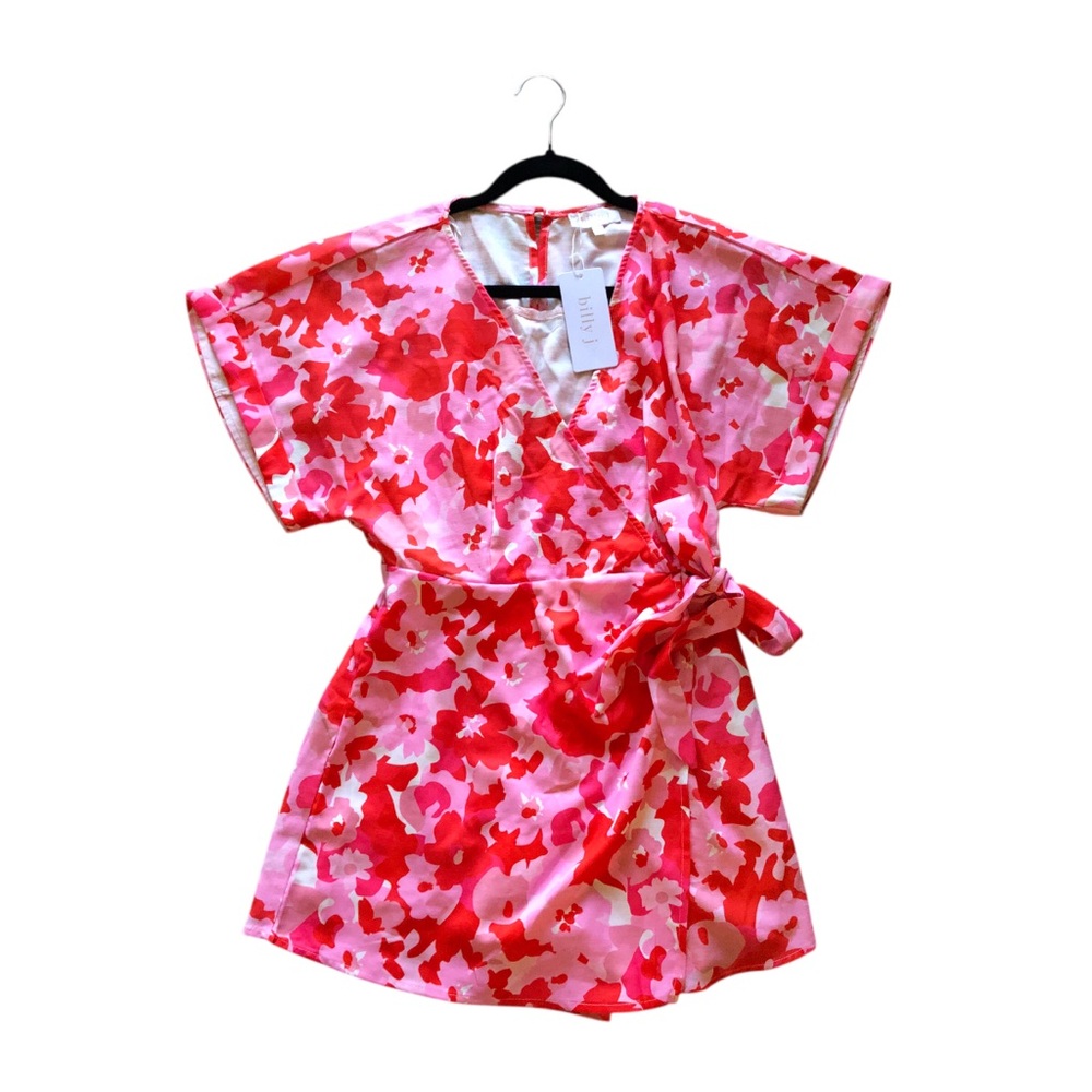 Billy J Tarika Playsuit Posey Print Pink and Red Floral Linen Faux Wrap Romper